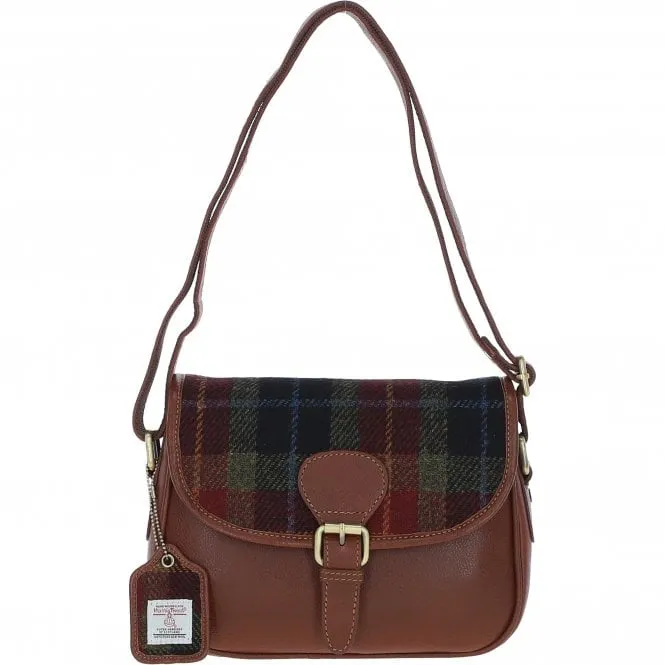 Elegant Ashwood Leather & Harris Tweed Crossbody Bag Tan/Green/Red: TW-24-08-TR