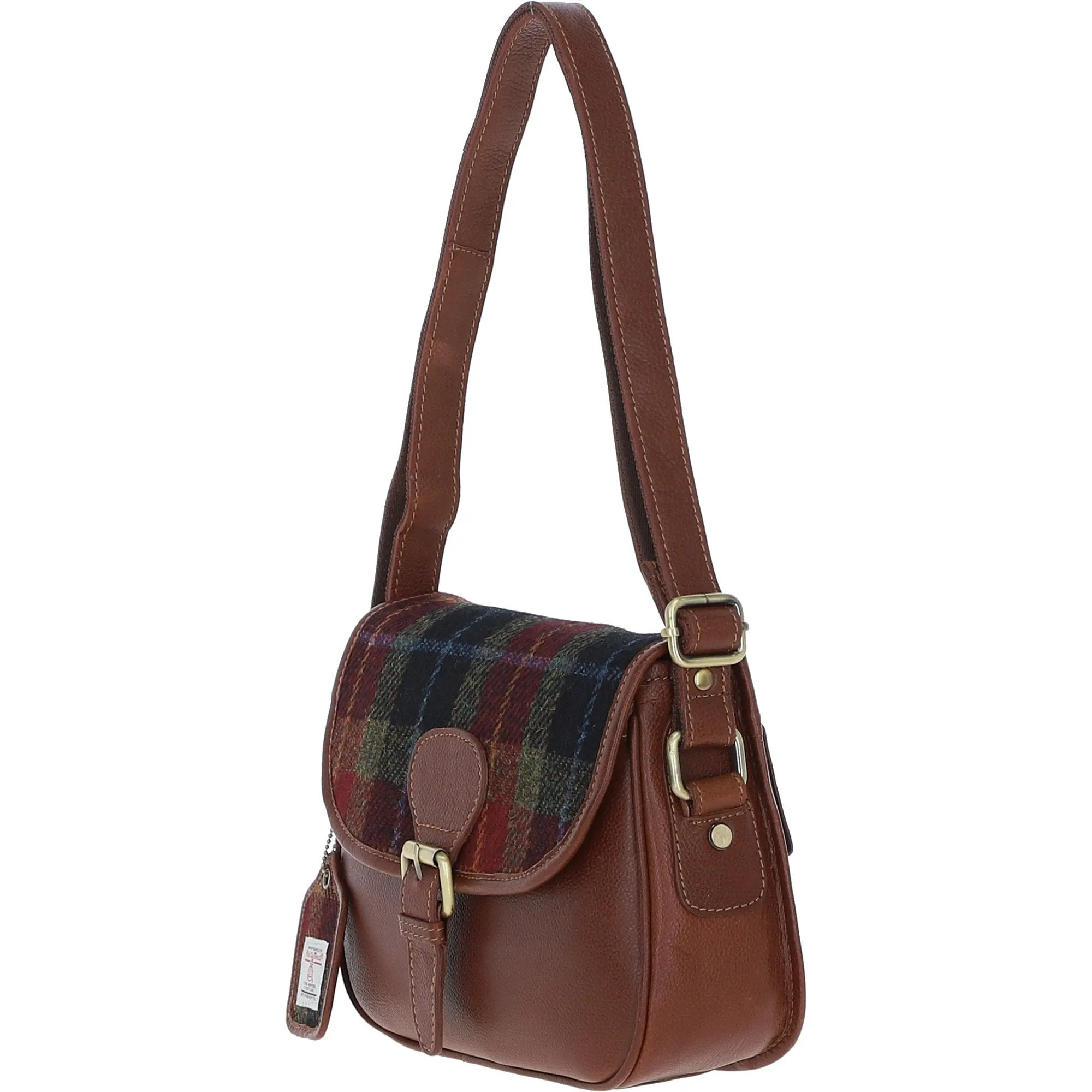 Elegant Ashwood Leather & Harris Tweed Crossbody Bag Tan/Green/Red: TW-24-08-TR