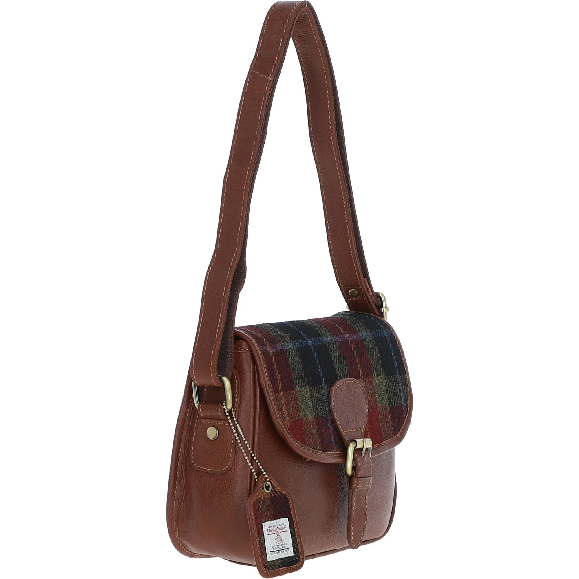 Elegant Ashwood Leather & Harris Tweed Crossbody Bag Tan/Green/Red: TW-24-08-TR