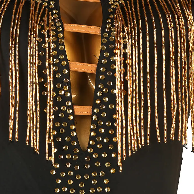 Elegant Gold Black Fringe Latin Dress | LQ298