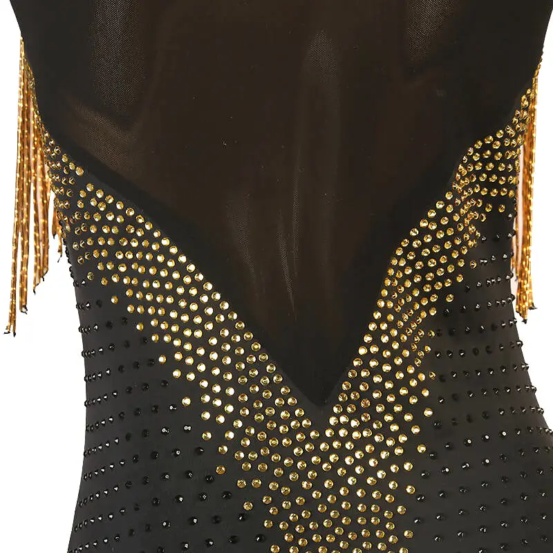 Elegant Gold Black Fringe Latin Dress | LQ298