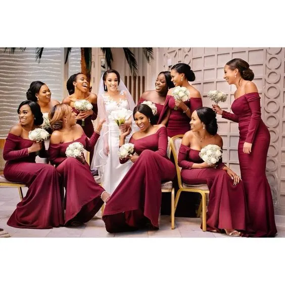 Elegant Long Sleeves Mermaid Straight Neck Satin Burgundy Bridesmaid Dresses Online, BG746