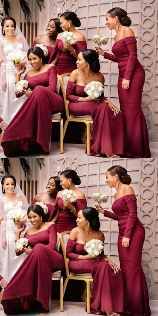 Elegant Long Sleeves Mermaid Straight Neck Satin Burgundy Bridesmaid Dresses Online, BG746