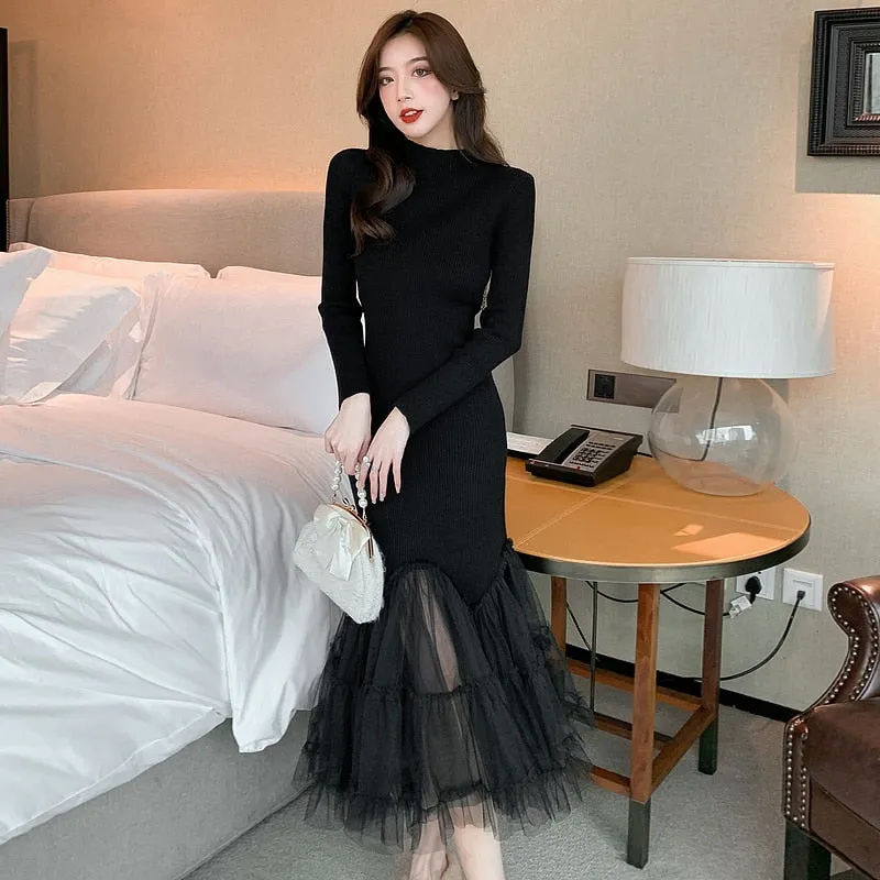 Elegant Office Women's Mesh Full Sleeves Mermaid Slim Pullover Mid Dresses