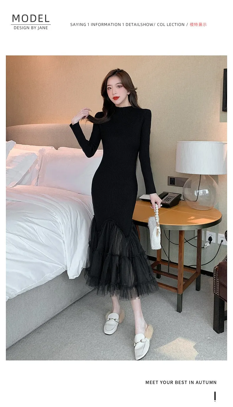 Elegant Office Women's Mesh Full Sleeves Mermaid Slim Pullover Mid Dresses