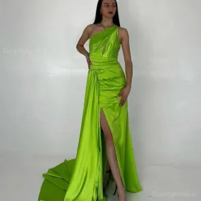 Elegant One Shoulder Side Slit Mermaid Satin Lime Green Long Bridesmaid Dresses Online, BG757