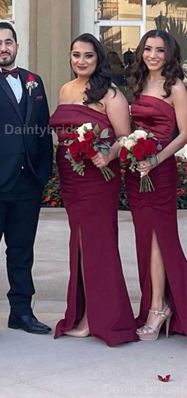 Elegant Straight Neck Mermaid Side Slit Burgundy Satin Long Bridesmaid Dresses Online, BG754