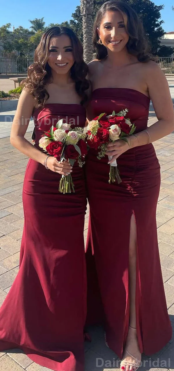 Elegant Straight Neck Mermaid Side Slit Burgundy Satin Long Bridesmaid Dresses Online, BG754