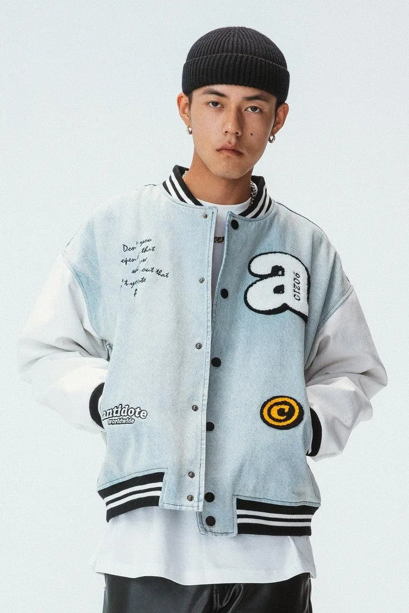 Embroidered Washed Jeans Varsity Jacket