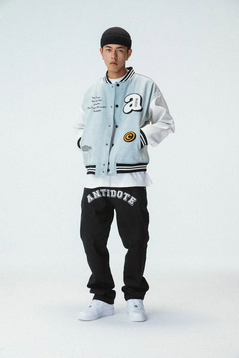 Embroidered Washed Jeans Varsity Jacket