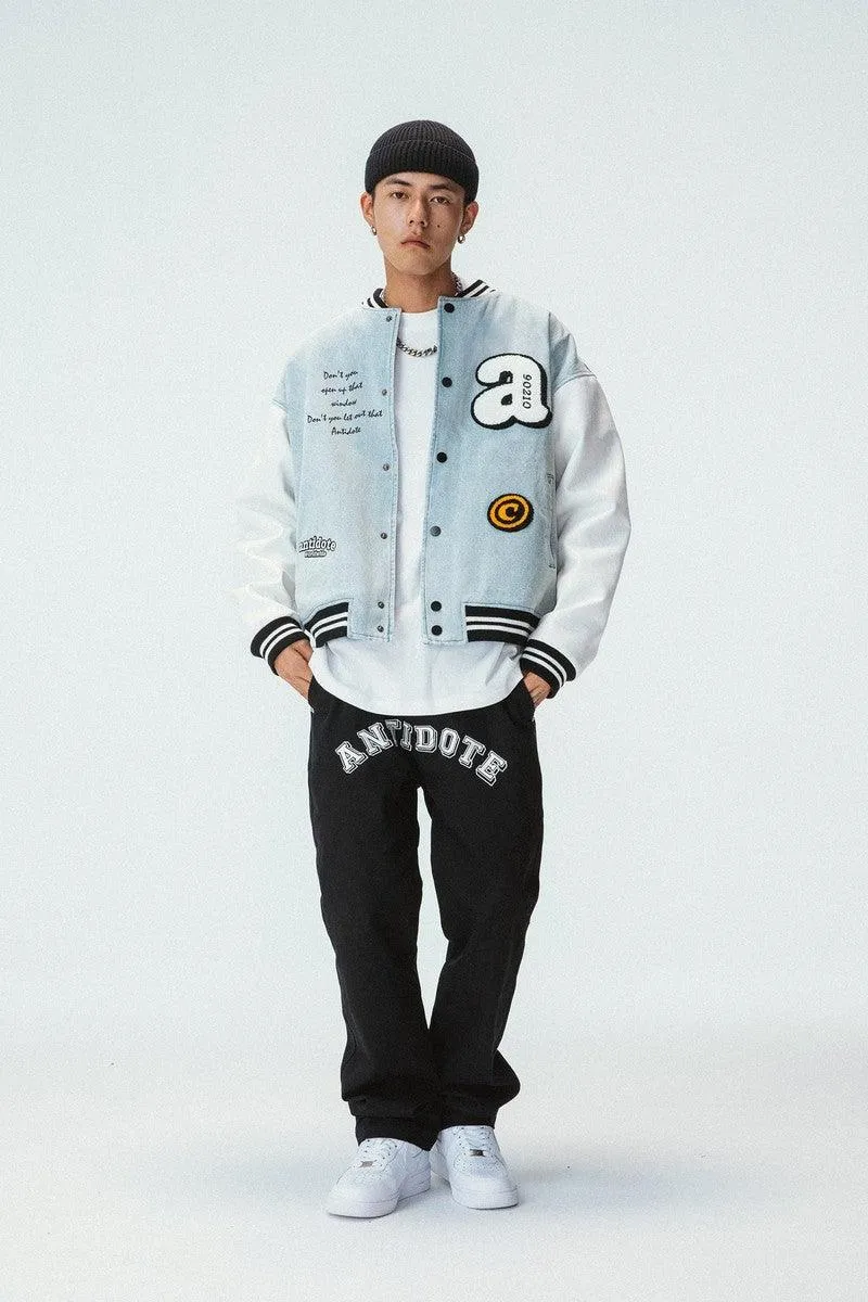 Embroidered Washed Jeans Varsity Jacket