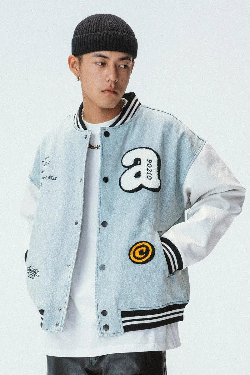 Embroidered Washed Jeans Varsity Jacket