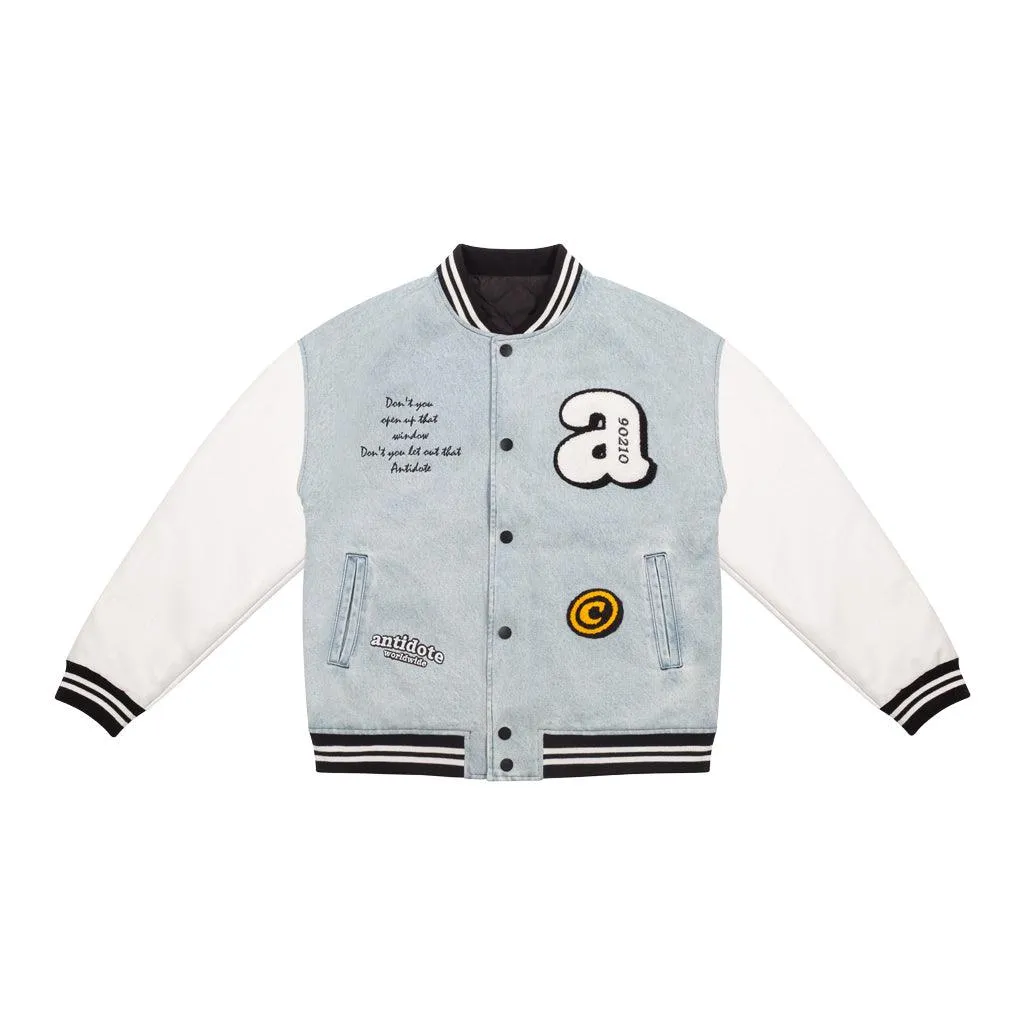 Embroidered Washed Jeans Varsity Jacket