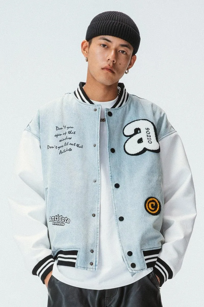 Embroidered Washed Jeans Varsity Jacket