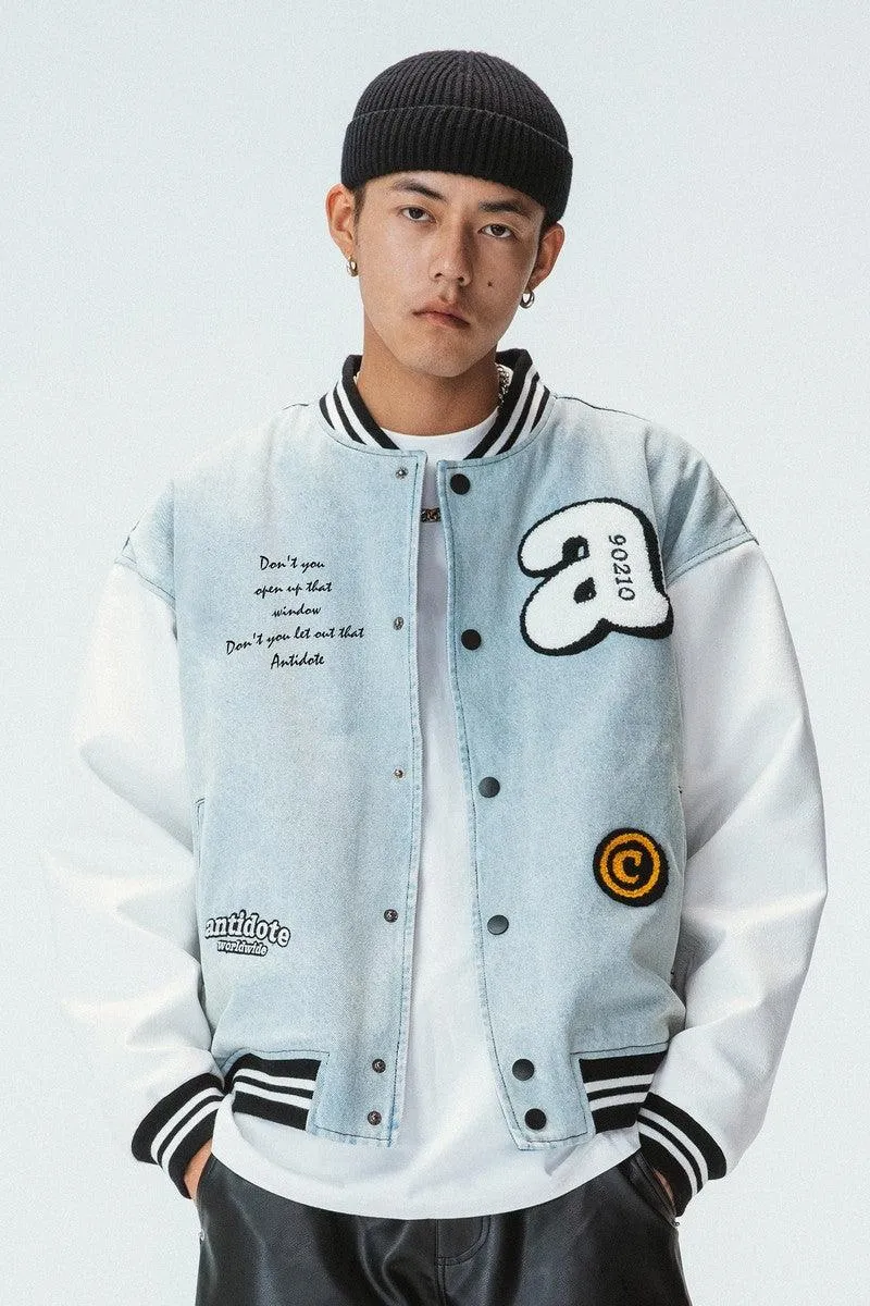 Embroidered Washed Jeans Varsity Jacket