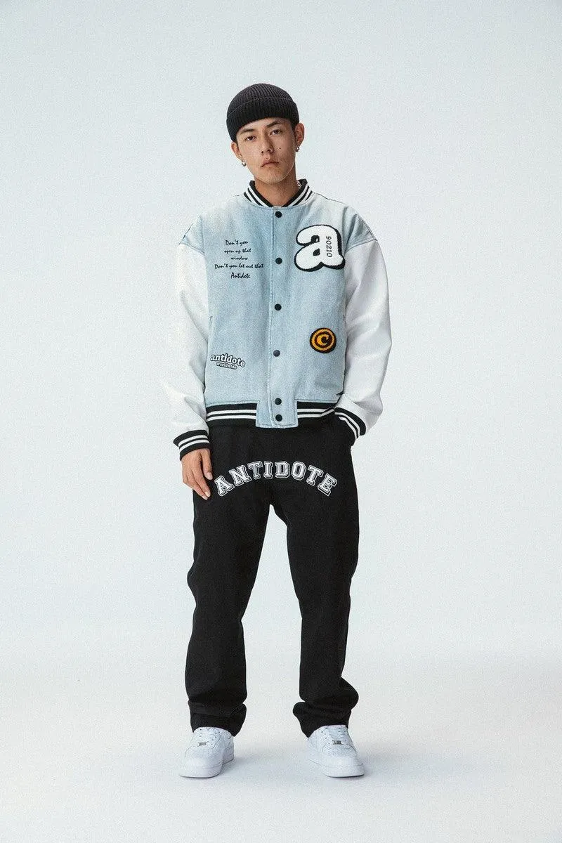 Embroidered Washed Jeans Varsity Jacket