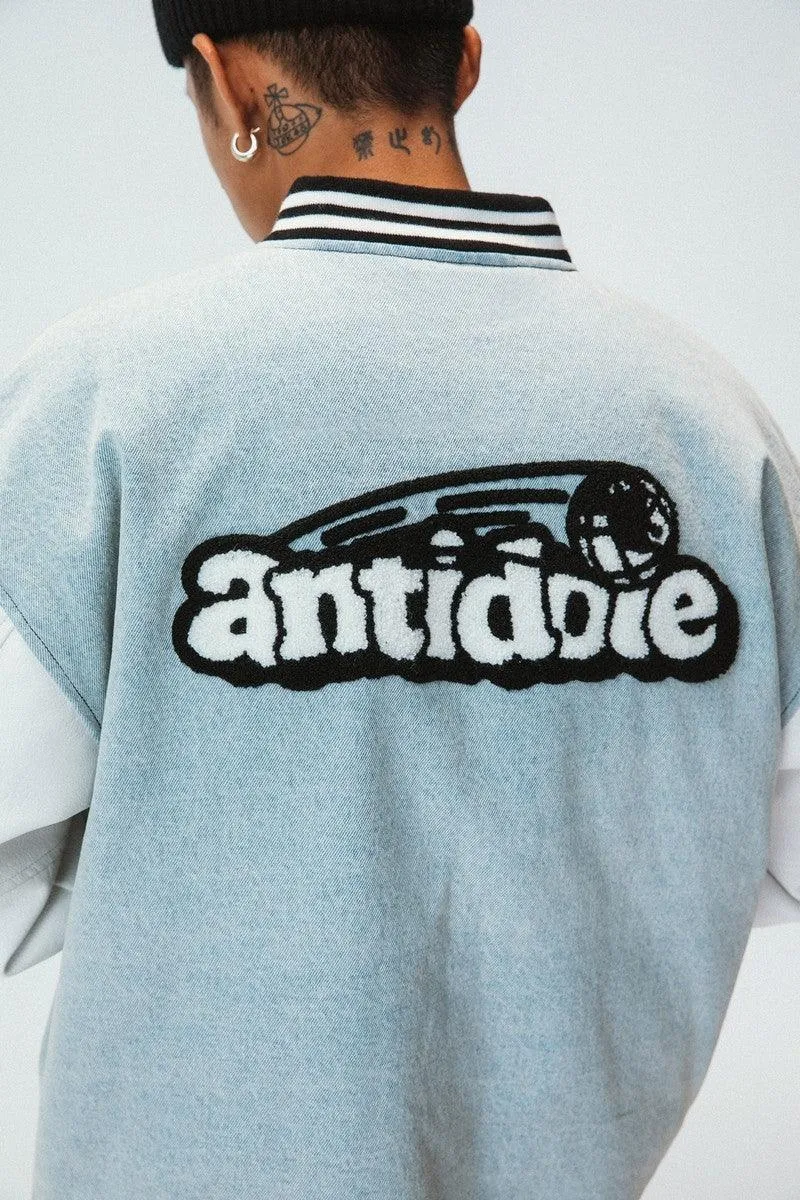 Embroidered Washed Jeans Varsity Jacket