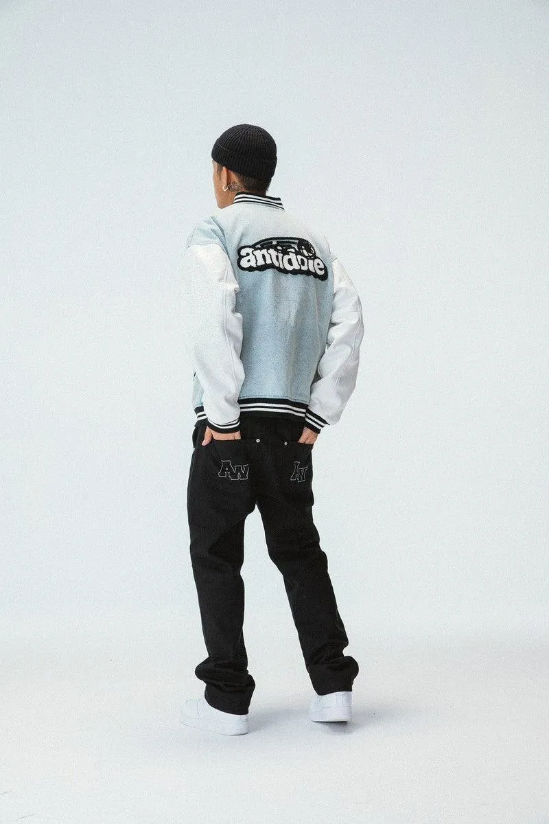 Embroidered Washed Jeans Varsity Jacket