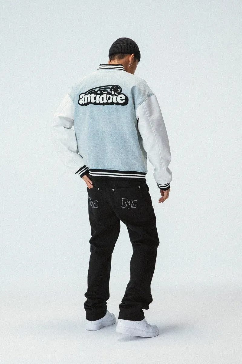 Embroidered Washed Jeans Varsity Jacket