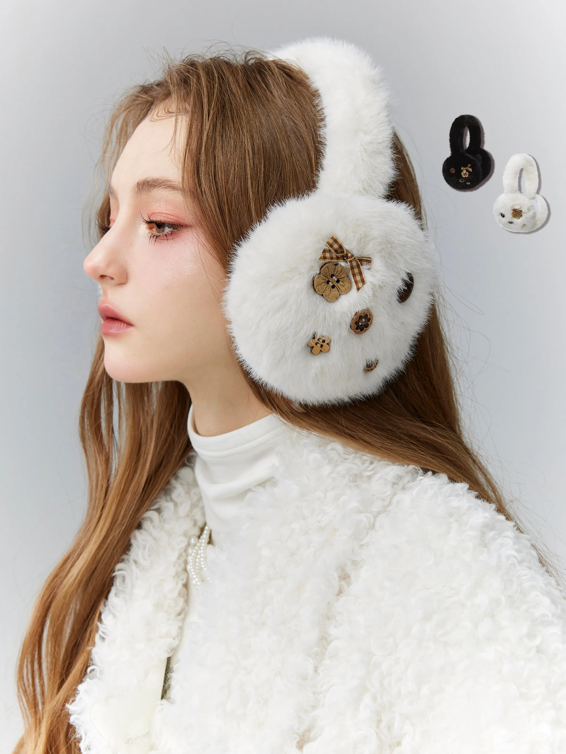 Embroidery Fur Fluffily Ribbon Button Cute Earmuffs