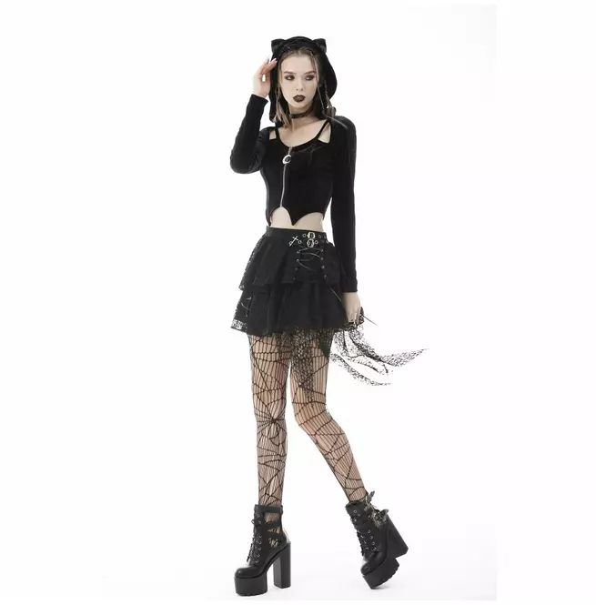 Gothic Women's Zipper Hoody Top With Night Cat Design