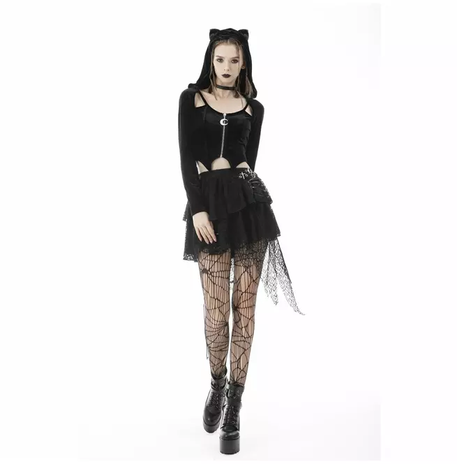 Gothic Women's Zipper Hoody Top With Night Cat Design