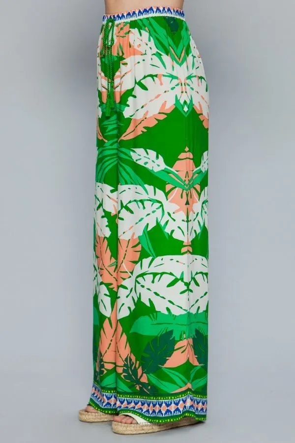 Green Leaf Print Surplice Kimono Wide Pant