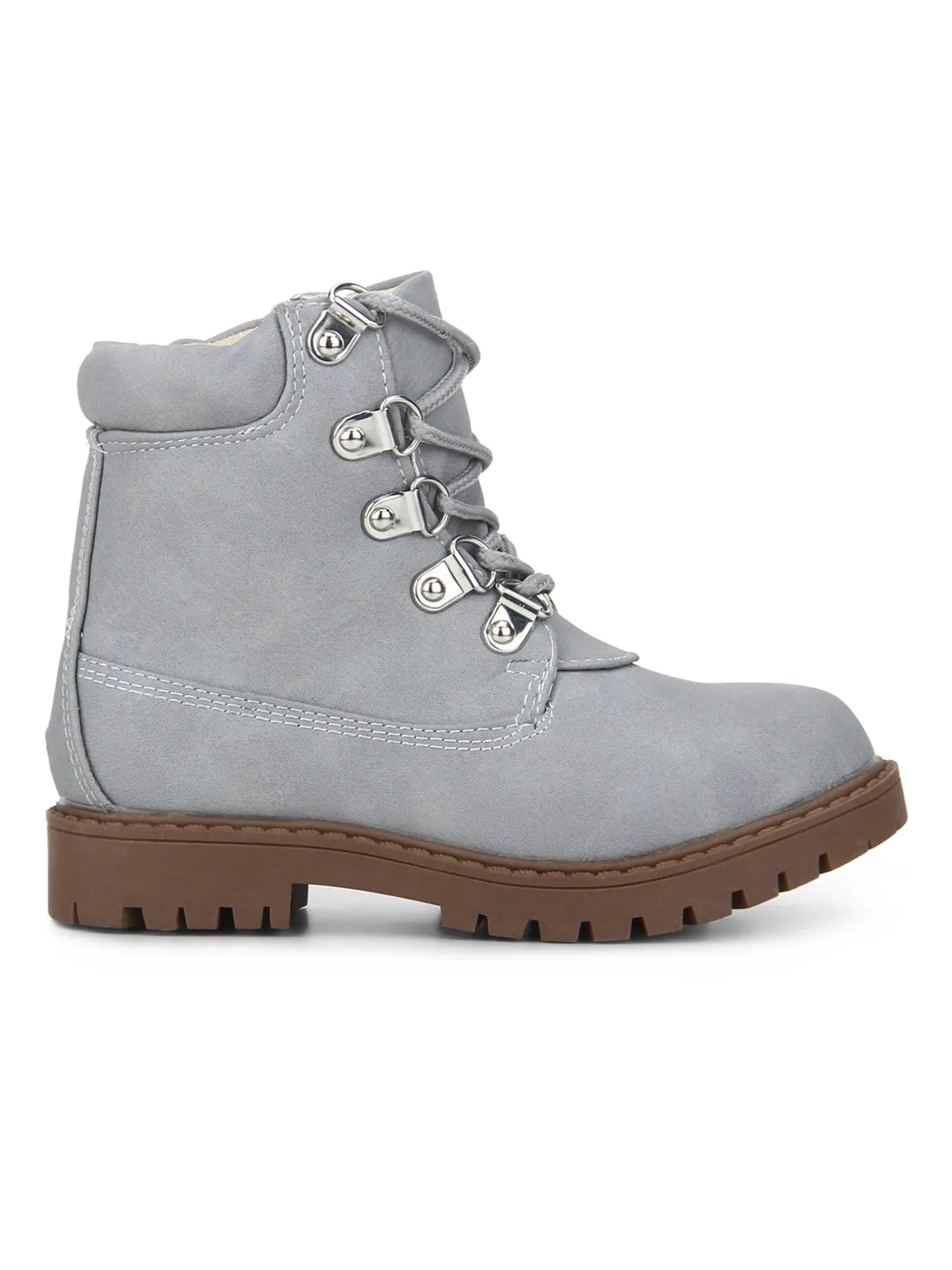 Grey PU Lace-up Ankle Boots