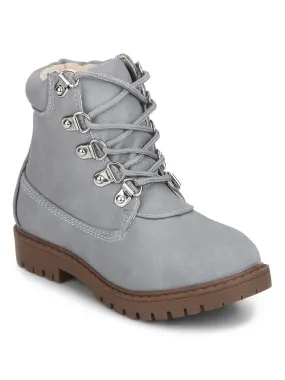 Grey PU Lace-up Ankle Boots