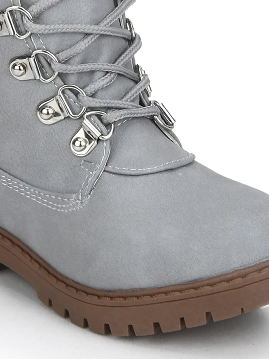 Grey PU Lace-up Ankle Boots