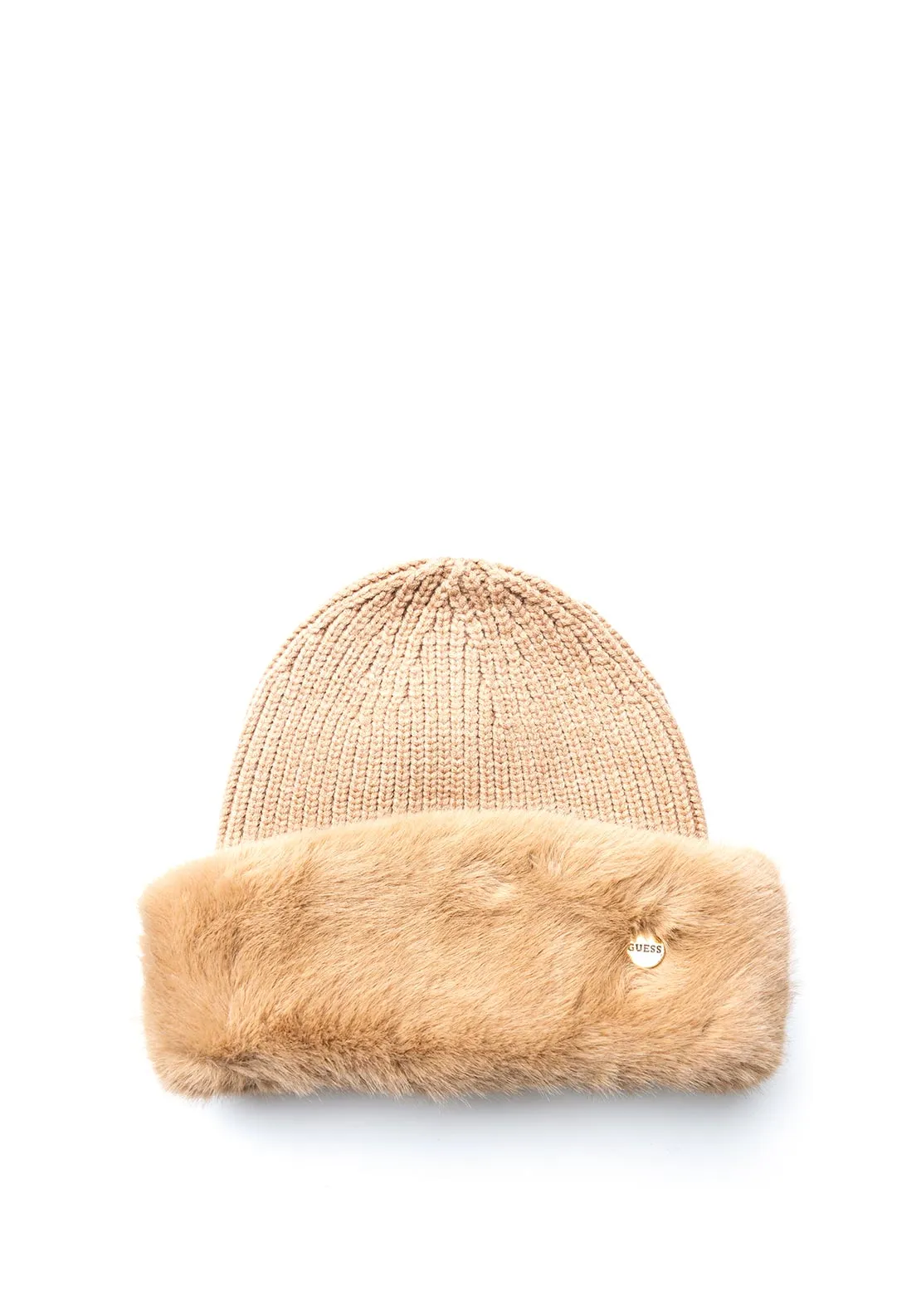 Guess Faux Fur Trim Ribbed Hat, Camel