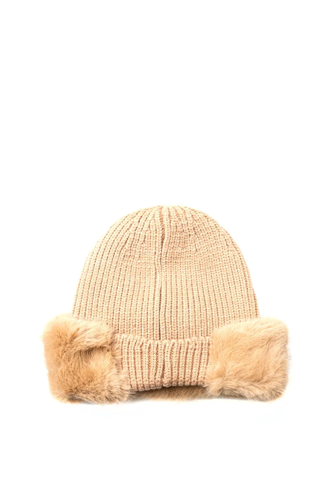 Guess Faux Fur Trim Ribbed Hat, Camel