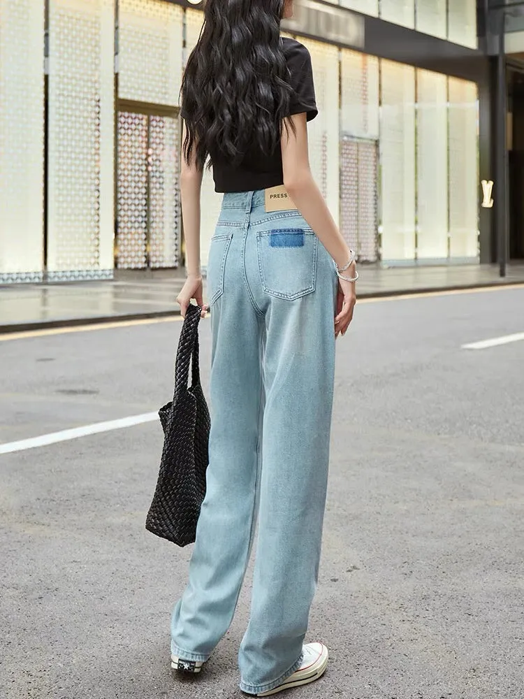 High-waisted loose straight wide-leg jeans for women with drape 2023 new autumn contrasting color slimming floor-length long pan