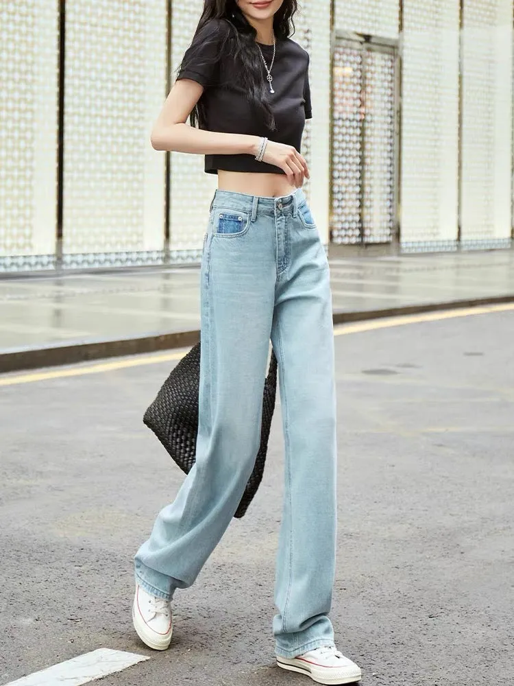 High-waisted loose straight wide-leg jeans for women with drape 2023 new autumn contrasting color slimming floor-length long pan