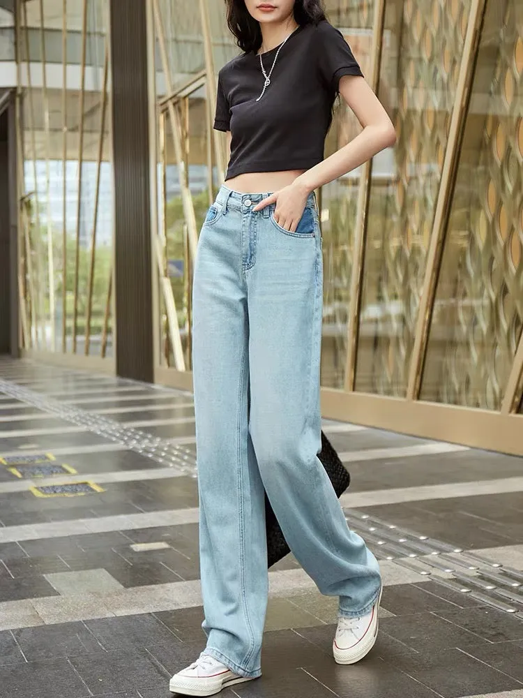 High-waisted loose straight wide-leg jeans for women with drape 2023 new autumn contrasting color slimming floor-length long pan