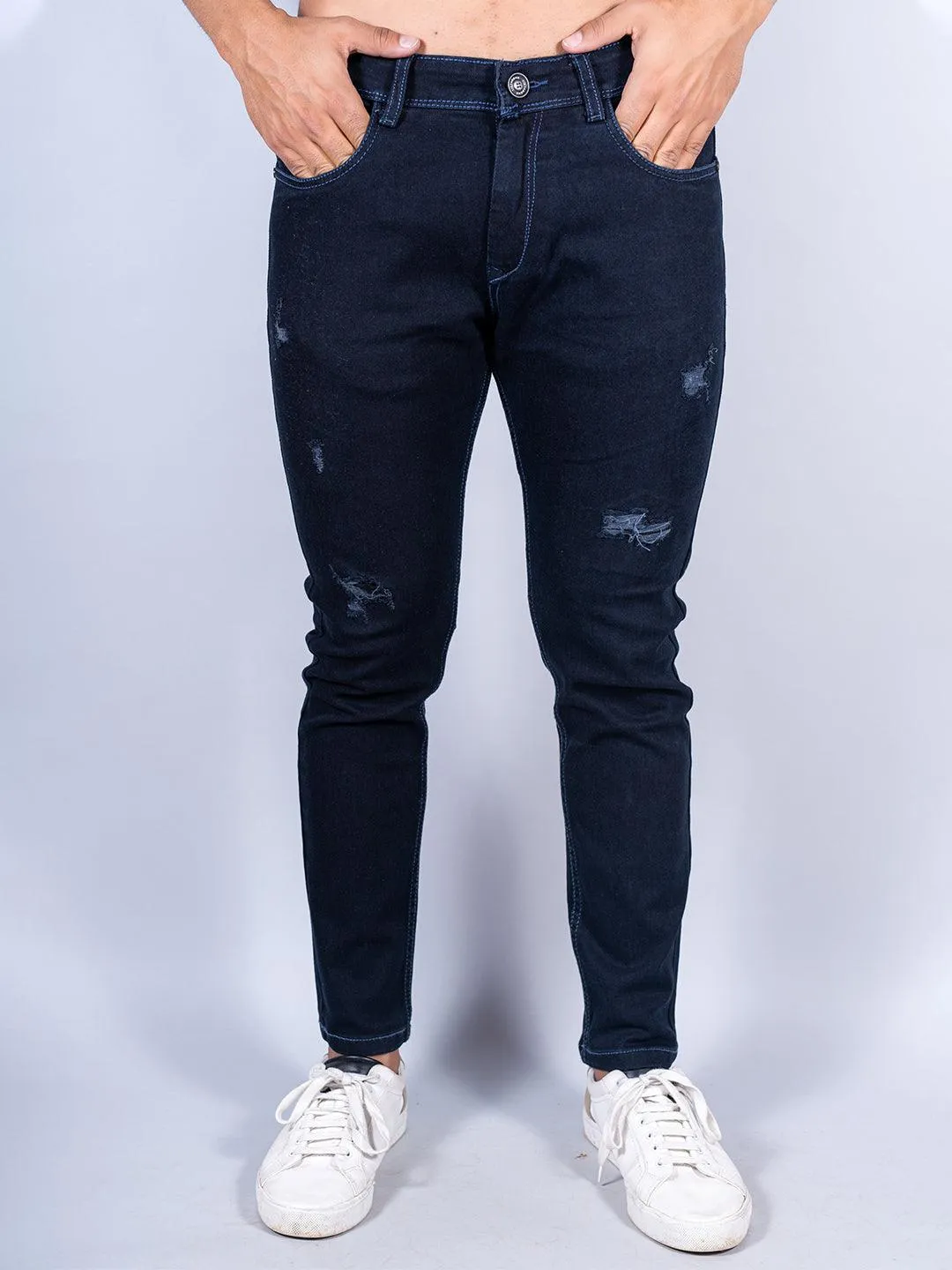 Indigo Blue Distressed Loose Ankle Mens Jeans