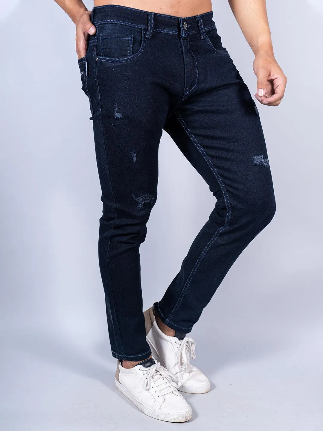 Indigo Blue Distressed Loose Ankle Mens Jeans