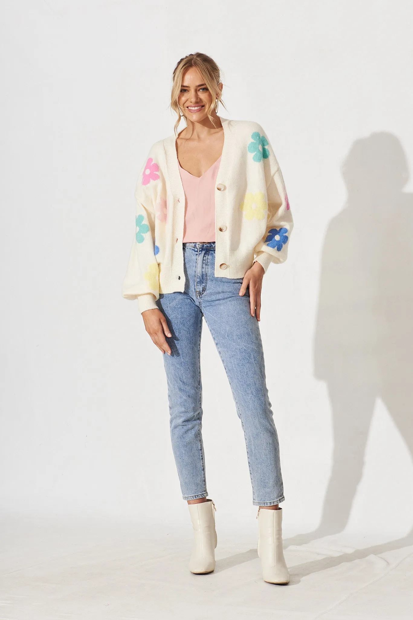 Ivanna Knit Cardigan In Cream With Floral Wool Blend