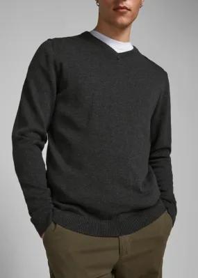 Jack & Jones Basic Knit V-Neck Jumper Dark Grey Melange