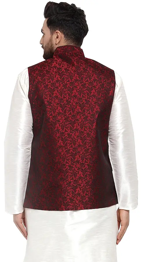 Jacquard Men's Indian Traditional Nehru Jacket Sleeveless (Maroon)