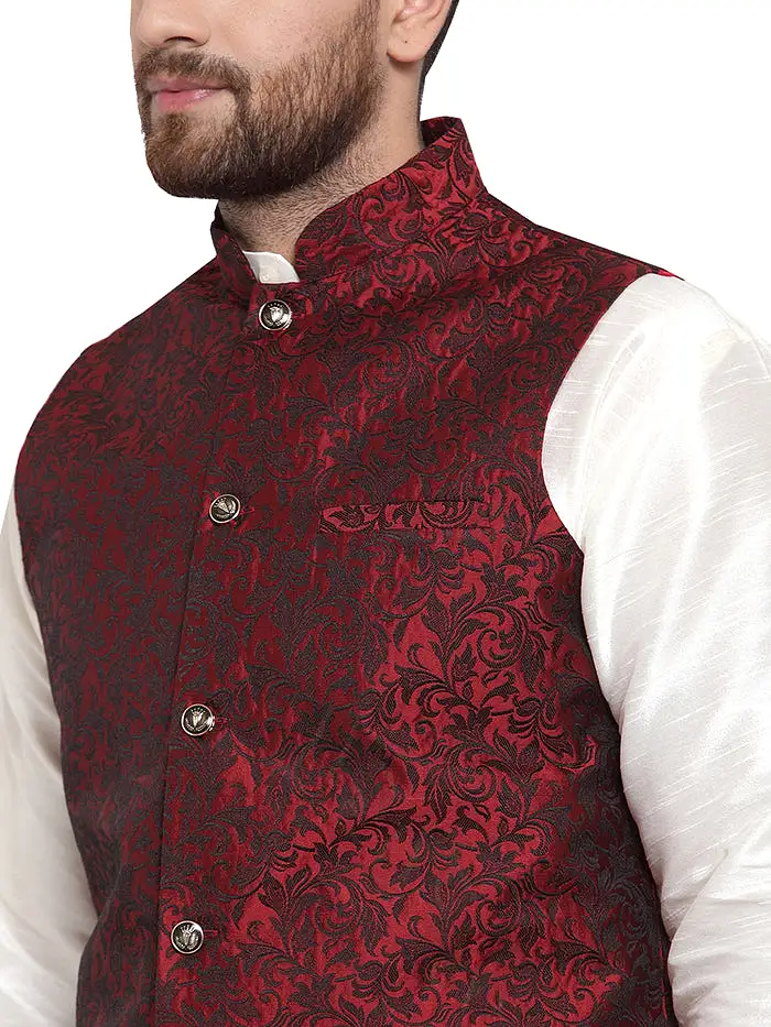 Jacquard Men's Indian Traditional Nehru Jacket Sleeveless (Maroon)