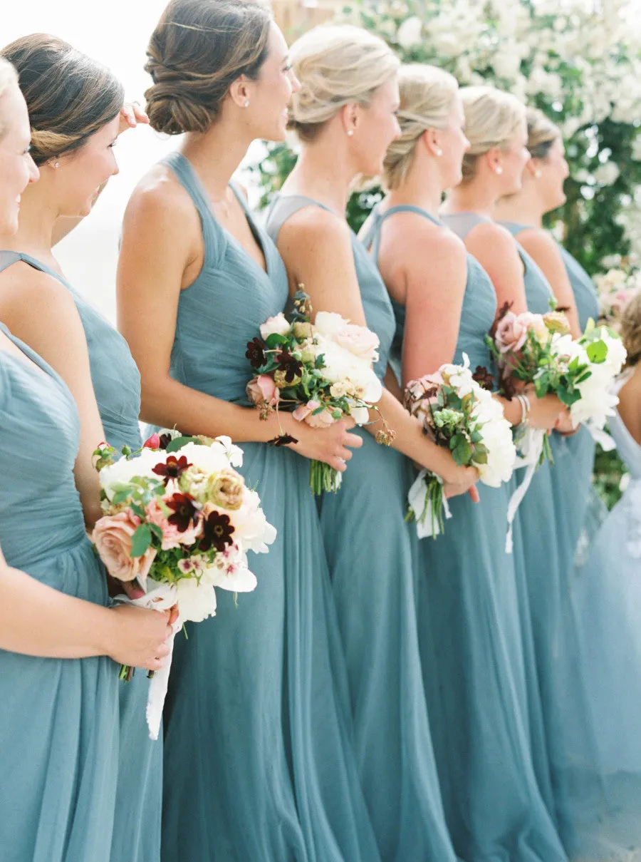 Jade Tulle V-neck Sleeveless Open Back Mismatched Long Bridesmaid Dresses, WG19