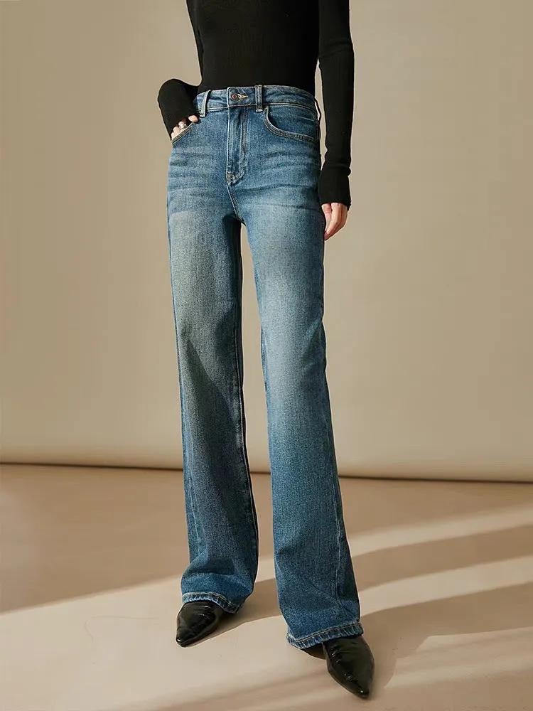 [KZK661919AG] Lengthen your legs, modern retro high-waist stretch cotton wide-leg straight slim jeansは