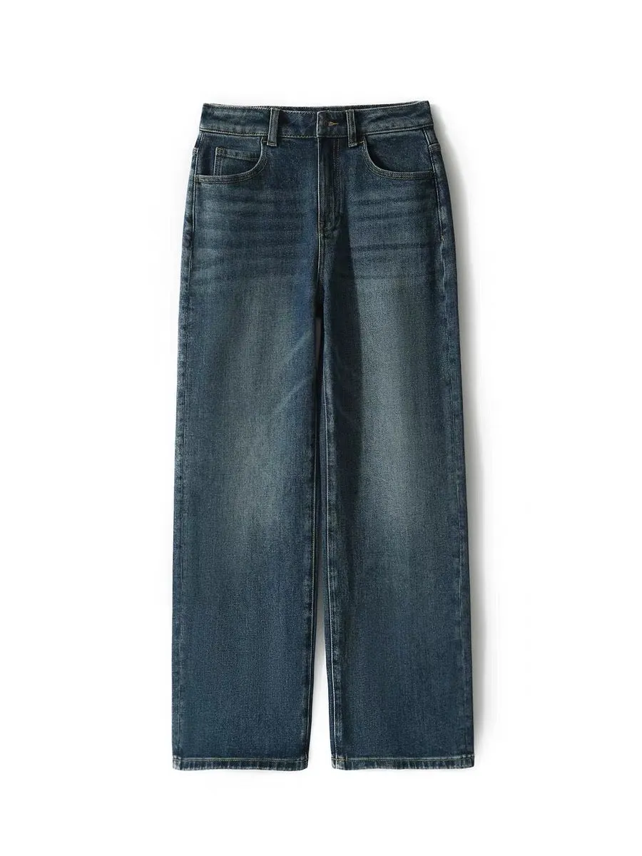 [KZK661919AG] Lengthen your legs, modern retro high-waist stretch cotton wide-leg straight slim jeansは