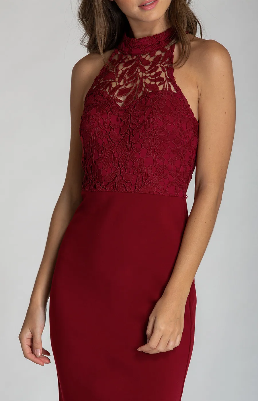 Lace Contrast Halter Neckline Dress (SDR518A)