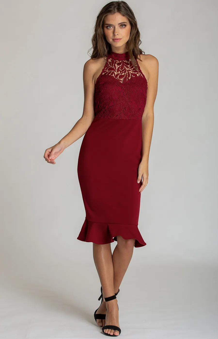 Lace Contrast Halter Neckline Dress (SDR518A)