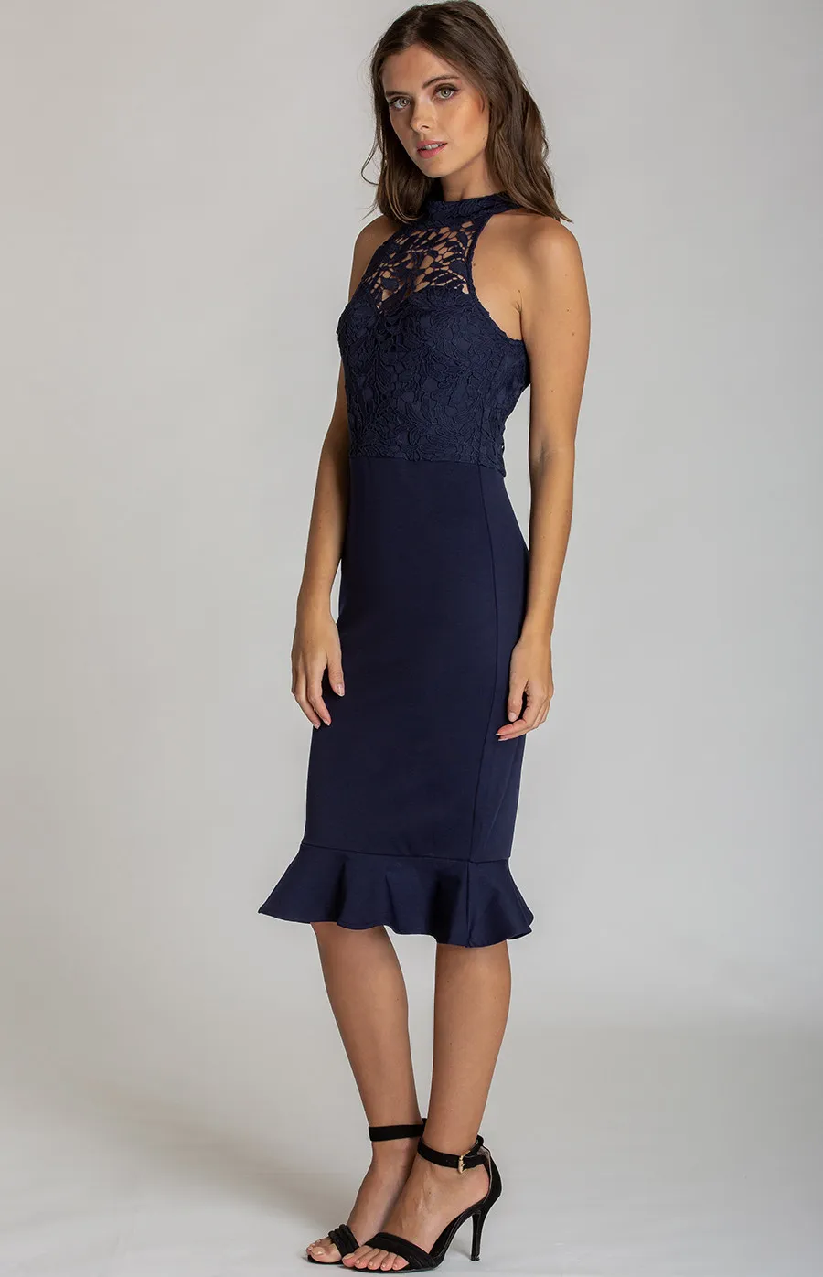 Lace Contrast Halter Neckline Dress (SDR518A)