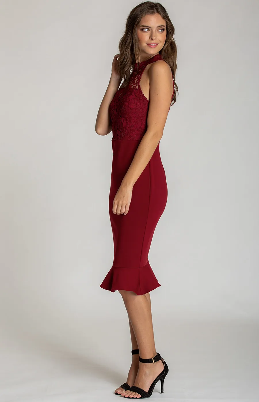 Lace Contrast Halter Neckline Dress (SDR518A)