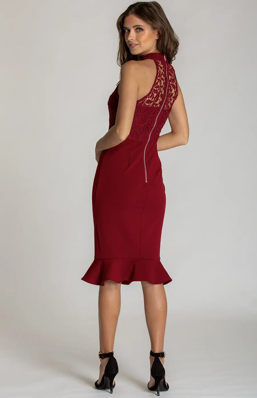 Lace Contrast Halter Neckline Dress (SDR518A)