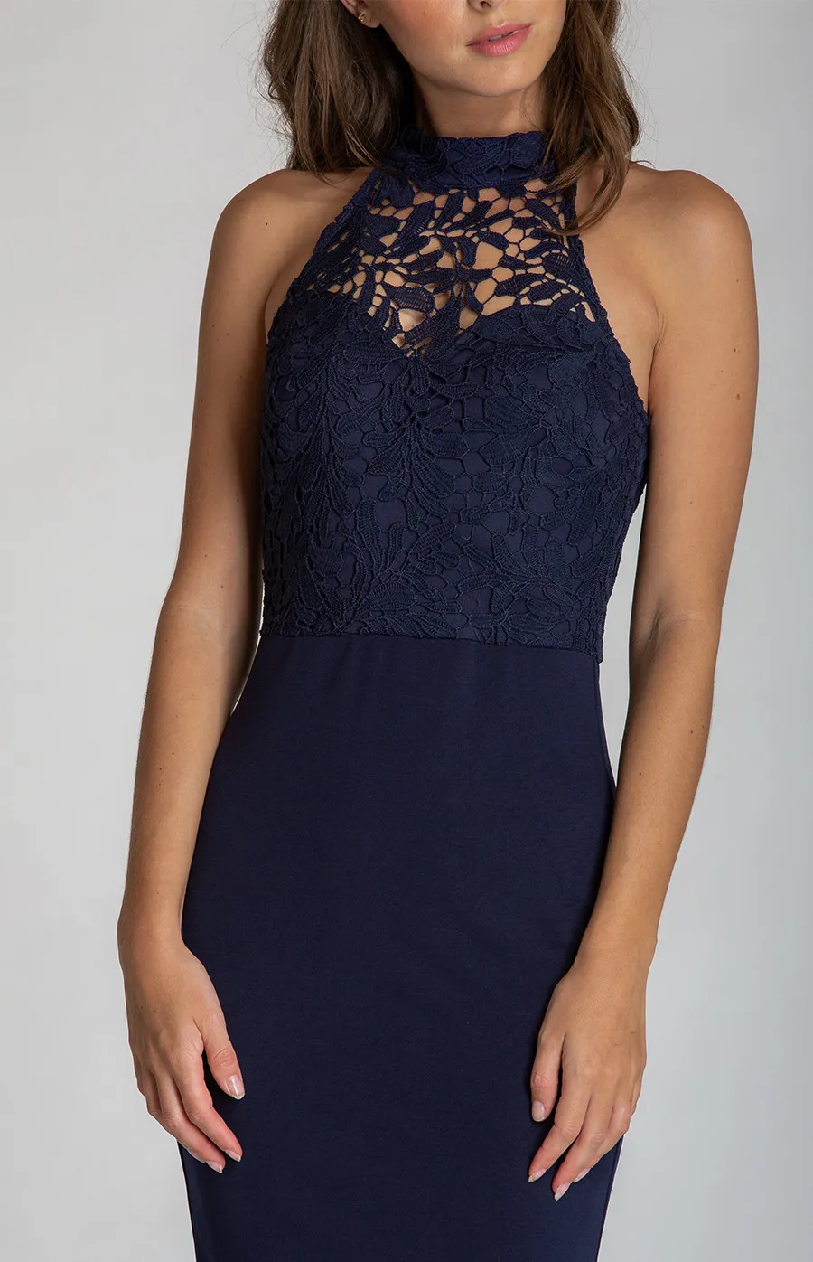 Lace Contrast Halter Neckline Dress (SDR518A)